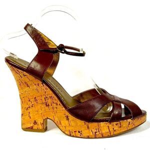 BROWN LEATHER CORK WEDGES SIZE 8.5